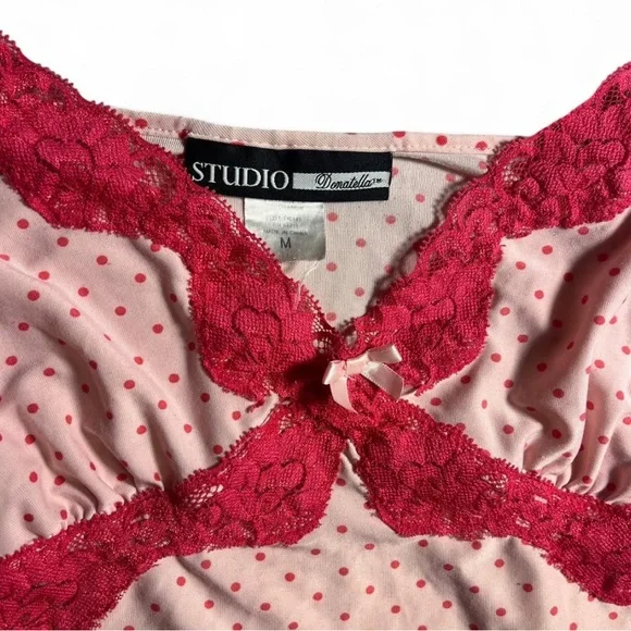 Studio Y Women's Pink Polka Dot Lace Trim Top - Picture 2 of 3
